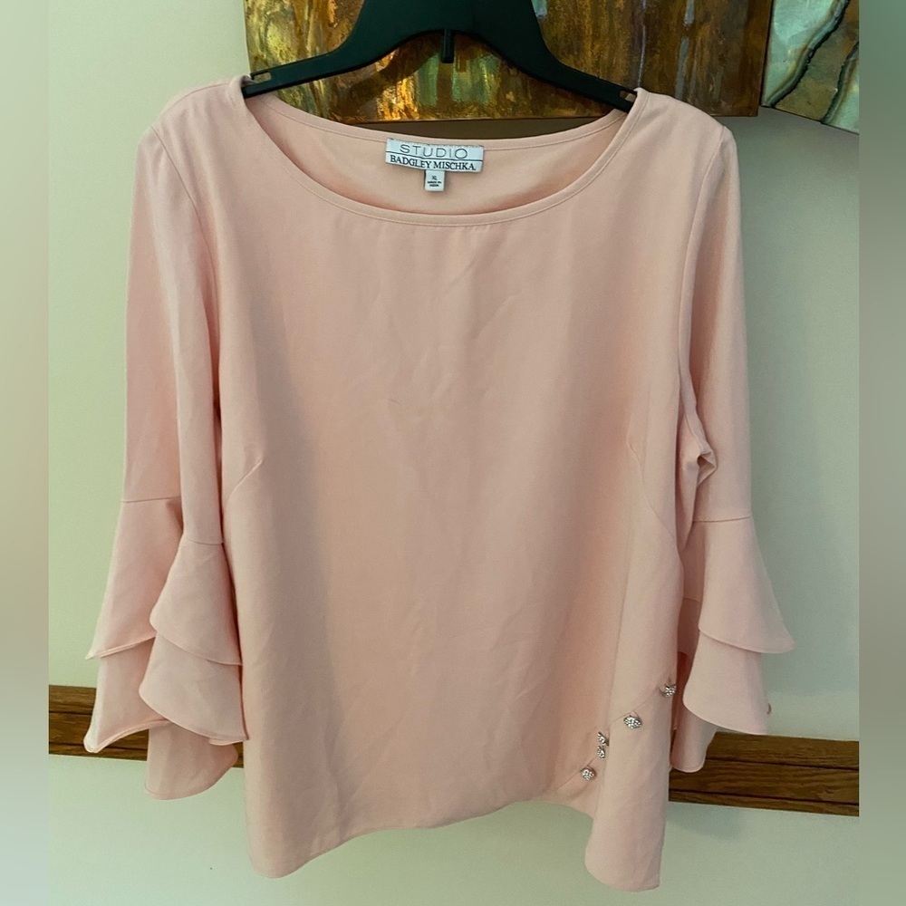 Studio Badgley Mischka pink silver jeweled bell sleeve blouse XL